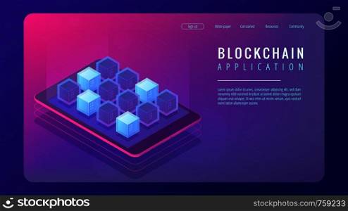 Isometric blockchain application landing page concept. Blockchain technology as an application platform, trust infrastructure illustration on ultra violet background. Vector 3d isometric illustration.. Isometric blockchain application landing page concept.