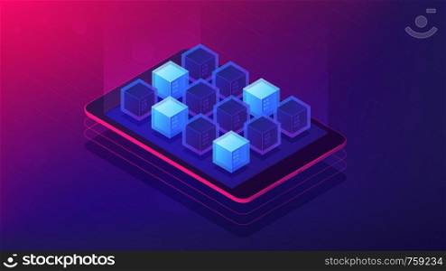 Isometric blockchain application landing page concept. Blockchain technology as application platform with scripting language illustration on ultra violet background. Vector 3d isometric illustration.. Isometric blockchain application landing page concept.