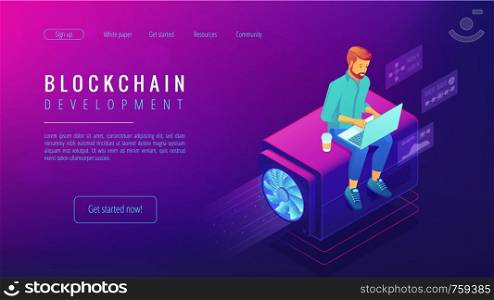 Isometric blockchain development landing page concept. Blockchain developer with computer infrastructure, global cryptocurrency illustration on ultraviolet background. Vector 3d isometric illustration. Isometric blockchain development concept.