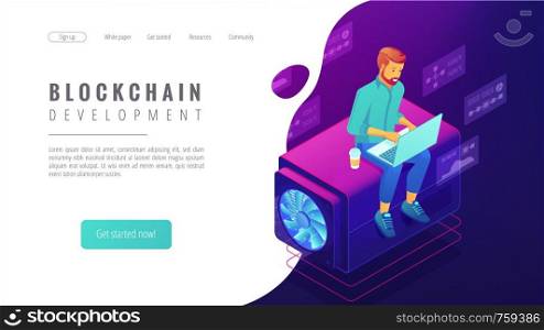Isometric blockchain development landing page concept. Blockchain developer with laptop, coding, global cryptocurrency illustration on ultraviolet background. Vector 3d isometric illustration. Isometric blockchain development concept.