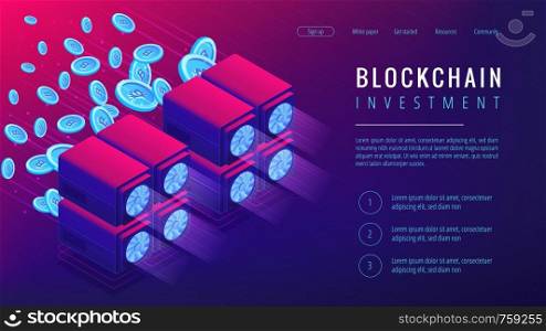 Isometric blockchain investment landing page concept. Dedicated servers with mined coins as global cryptocurrency economy in ultra violet. Cryptocurrency investment. Vector 3d isometric illustration.. Isometric blockchain investment landing page concept.