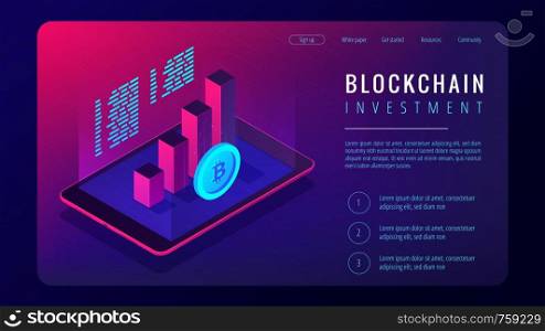 Isometric blockchain investment landing page concept. Tablet with 3d charts graphics of financial growth statistics and bitcoin in violet. Cryptocurrency investment. Vector ultraviolet background.. Isometric blockchain investment landing page concept.