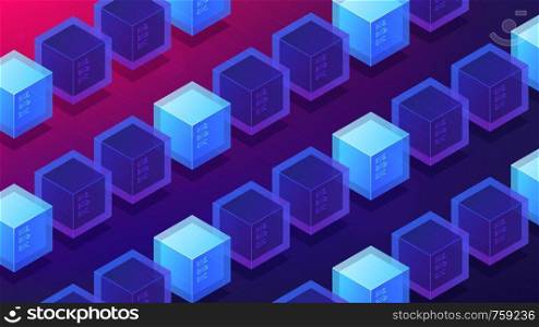 Isometric blockchain mining proof of work landing page concept. PoW system, cyber security protocol, blockchain algorithm illustration on ultra violet background. Vector 3d isometric illustration.. Isometric blockchain mining proof of work landing page concept.
