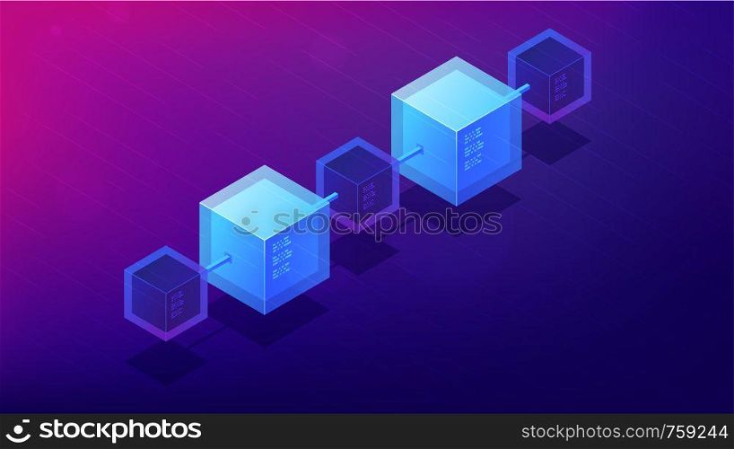 Isometric blockchain network architecture concept. Computer network, global decentralized system of data transfer illustration on ultra violet background. Vector 3d isometric illustration.. Isometric blockchain network architecture concept.