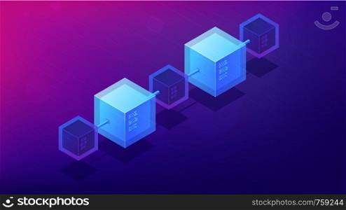 Isometric blockchain network architecture concept. Computer network, global decentralized system of data transfer illustration on ultra violet background. Vector 3d isometric illustration.. Isometric blockchain network architecture concept.