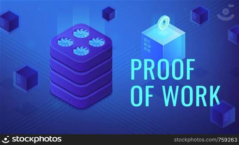 Isometric blockchain proof of work concept with title. PoW system, crypto security protocol, blockchain network function illustration on ultra violet background. Vector 3d isometric illustration.. Isometric blockchain proof of work vector illustration.