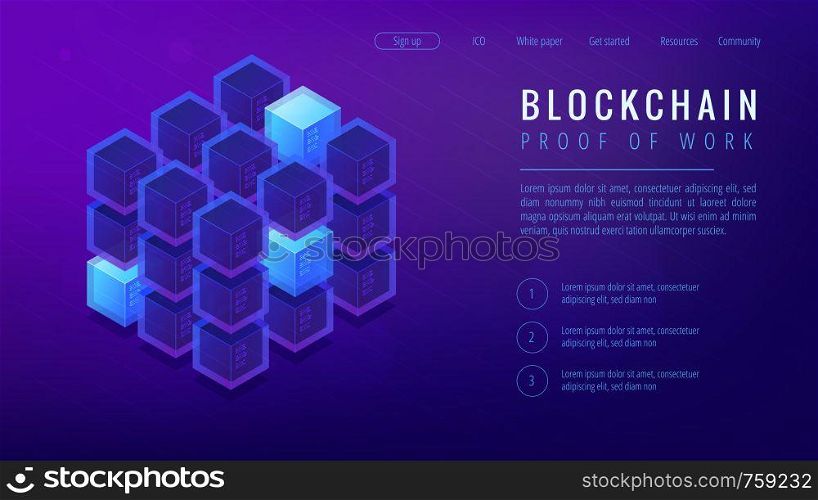 Isometric blockchain proof of work landing page concept. PoW system, cyber security protocol, blockchain algorithm, function illustration on ultra violet background. Vector 3d isometric illustration.. Isometric blockchain proof of work landing page concept.