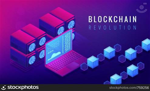 Isometric blockchain revolution concept. Global business and economy changes, cryptocurrency stock exchange and money transfer illustration on ultraviolet background. Vector 3d isometric illustration.. Isometric blockchain revolution concept.