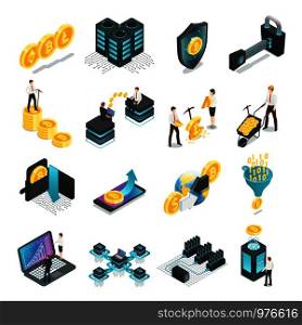Isometric blockchain. Safe global network, income cryptocurrency bitcoin tokens startup ico currency income, mining people, coin finance currency vector isolated icon collection. Isometric blockchain. Safe global network, cryptocurrency bitcoin tokens startup ico currency income, mining coin vector collection
