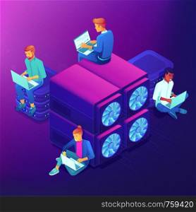 Isometric blockchain technology and mining concept. Blockchain developers sitting near video card server mining farm and processing data. Vector 3D isometric illustration on ultraviolet background.. Blockchain and mining isometric concept.