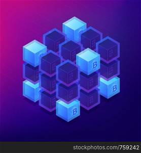 Isometric blockchain technology concept. Computer network, global cryptocurrency mining and blockchain data transfer illustration on ultra violet background. Vector 3d isometric illustration.. Isometric blockchain cryptocurrency networking concept.