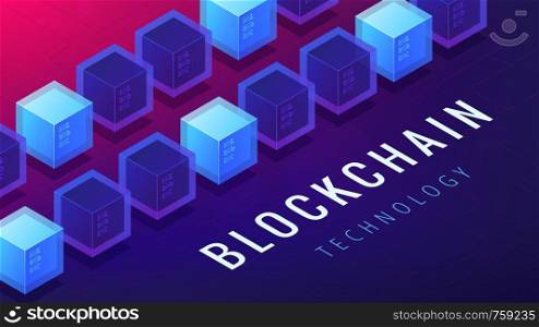 Isometric blockchain technology concept. Computer network, global cryptocurrency stock exchange and blockchain data transfer illustration on ultraviolet background. Vector 3d isometric illustration.. Isometric blockchain cryptocurrency networking concept.