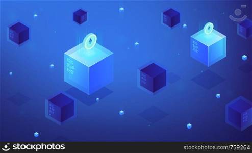 Isometric blockchain technology concept. Etherium mining, e-trade, crypto trading, global cryptocurrency blockchain founds transfer. Blue violet background. Vector isometric illustration.. Isometric blockchain etherium cryptocurrency concept.