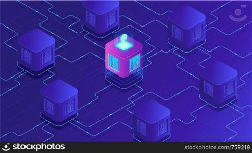 Isometric blockchain technology concept. Network, e-commerce, bitcoin trading, global cryptocurrency blockchain data transfer illustration on ultraviolet background. Vector 3d isometric illustration.. Isometric blockchain cryptocurrency and data transfer concept.