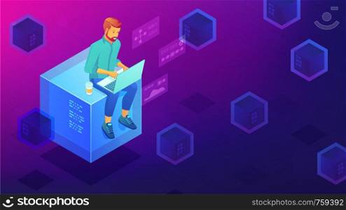 Isometric blockchain technology development concept. Blockchain developer sitting on mining block and coding the smart contract application. Vector 3D isometric illustration on ultraviolet background.. Isometric blockchain development concept.