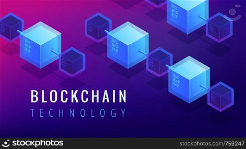 Isometric blockchain technology landing page concept. Blockchain finance, stock exchange and global cryptocurrency mining illustration on ultraviolet background. Vector 3d isometric illustration.. Isometric blockchain technology concept.