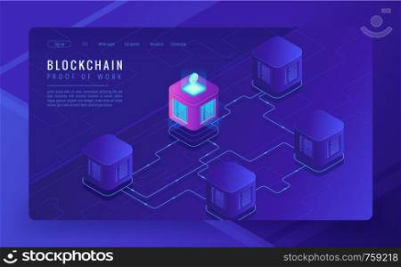 Isometric blockchain technology landing page. Network, e-commerce, bitcoin trading, global cryptocurrency blockchain data transfer concept on ultraviolet background. Vector 3d isometric illustration.. Isometric blockchain cryptocurrency and data transfer concept.