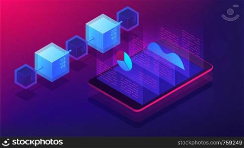 Isometric blockchain white paper and ICO analysis concept. ICO analysis framework, global cryptocurrency market illustration on ultra violet background. Vector 3d isometric illustration.. Isometric blockchain white paper and ICO analysis concept.