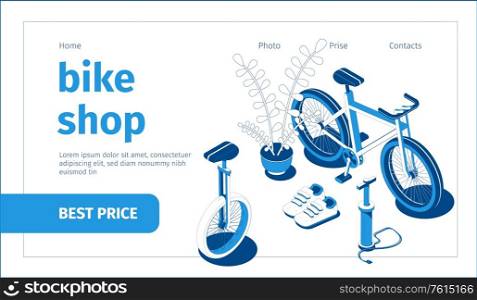 Isometric blue and white bike shop web page with 3d bicycle inflator trainers vector illustration