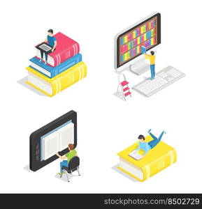 Isometric book set. People reading textbooks, gadgets on stack of objects. Students have online education, choosing literature from internet library. Distant learning isolated vector set. Isometric book set. People reading textbooks, gadgets on stack of objects. Students have online education