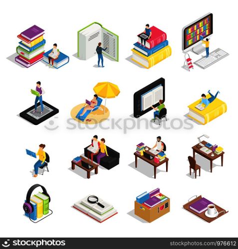 Isometric book set. Reading books, textbooks for student learning and ebooks technology icons. Textbook for distance graduation college students, tablet reader vector illustration isolated symbol set. Isometric book set. Reading books, textbooks for student learning and ebooks icons. Textbook for college students vector illustration