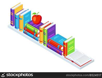 Isometric books on bookshelf.. Isometric books on bookshelf. Education or bookstore illustration in flat design style.