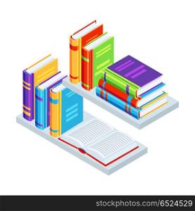 Isometric books on bookshelves.. Isometric books on bookshelves. Education or bookstore illustration in flat design style.