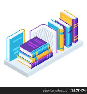 Isometric books on bookshelves.. Isometric books on bookshelves. Education or bookstore illustration in flat design style.