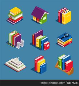 Isometric books. Pile of book, open and closed textbooks. Library and school education textbook or office paper work, books stack for wisdom, standing notebook 3d vector isolated icons set. Isometric books. Pile of book, open and closed textbooks. Library and education 3d vector icons