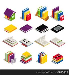 Isometric books. School textbook, open book standing with bookmark and notebook with working pen office equipment sign. Stack of textbooks on reading library bookshelf color vector icon isolated set. Isometric books. School textbook, book with bookmark and notebook with pen. Stack of textbooks on library bookshelf vector icon set
