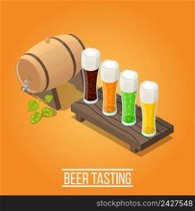 Isometric bright orange brewery background with wooden barrel and glasses full of fresh colorful beer 3d vector illustration. Isometric Brewery Background