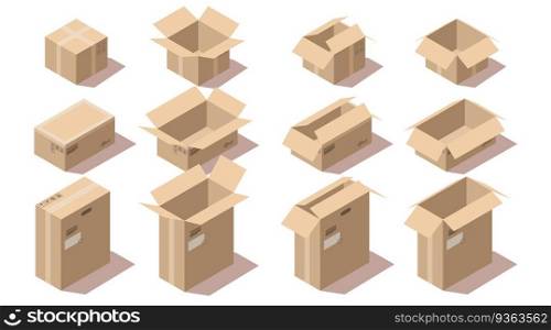 Isometric brown cardboard delivery package boxes open and closed. Vector set of empty different size storage boxes isolated on white background. Goods packaging for shipping, cargo transportation. Isometric cardboard delivery package boxes