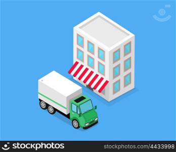 Isometric building and lorry car design. Transport and transportation cargo isometric, delivery vehicle industrial, automobile and warehouse or storage isolated on background. Vector illustration