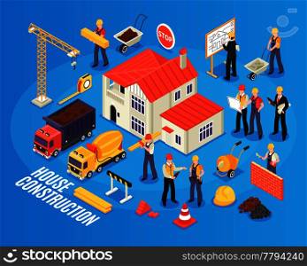 Isometric building background with figures of housebuilder workers and engineers transport construction materials and ready house vector illustration. Isometric House Building Composition