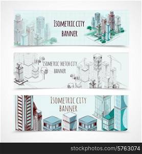 Isometric building horizontal hand drawn banners set isolated vector illustration