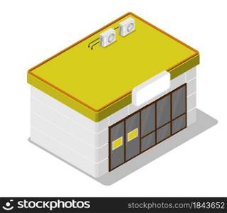 Isometric building of small grocery store. Shop at gas station. Realistic 3d vector isolated on white background