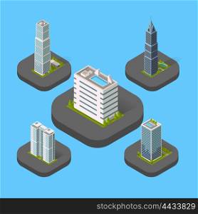 Isometric Building Set Isolated. Isometric building set isolated design flat style. 3d modern house building with helipad or business offices isolated on a blue background. Templates for building web design. Vector illustration