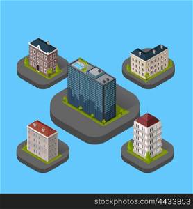 Isometric Building Set Isolated. Isometric building set isolated design flat style. 3d modern house building with helipad or business offices isolated on a blue background. Templates for building web design. Vector illustration