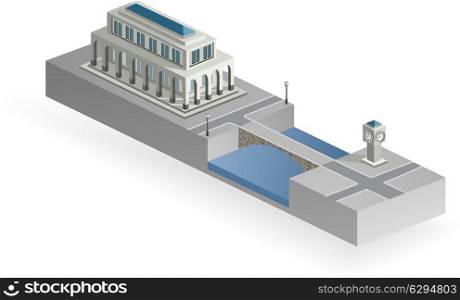 Isometric building with a river and a bridge