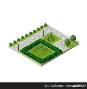 Isometric buildings city park furniture. Parkland garden concept with tree, bench and sidewalk in 3d flat tridimensional style. Vector illustration.