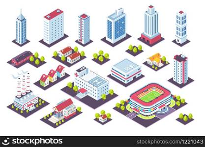 Isometric buildings set. City houses and industrial constructions, 3D factory offices cottage museum. Vector illustration view from above real urban estate set. Isometric buildings set. City houses and industrial constructions, 3D factory offices cottage museum. Vector real estate set
