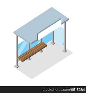 Isometric Bus Stop. Urban bus stop. Public bus stop with shadow. Empty bus station with wooden bench. Bus stop icon. City isometric object in flat. Isolated vector illustration on white background.