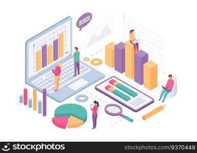 Isometric business analysis. People work with data charts, statistics graph and metrics on computer screen. Finance analytics vector. Illustration isometric analysis, business management isometry. Isometric business analysis. People work with data charts, statistics graph and metrics on computer screen. Finance analytics vector concept