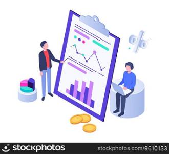 Isometric business analysis with chart and graphics. Vector of business chart data, graphic analysis illustration. Isometric business analysis with chart and graphics
