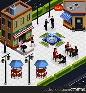 Isometric business lunch people composition with a few tables in the outdoor caf vector illustration. Isometric Business Lunch People Composition
