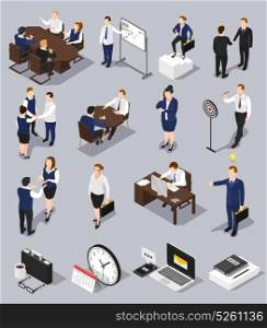 Isometric Business Meettings Set. Isometric people business collection with isolated conceptual images of human characters with office machines and equipment vector illustration