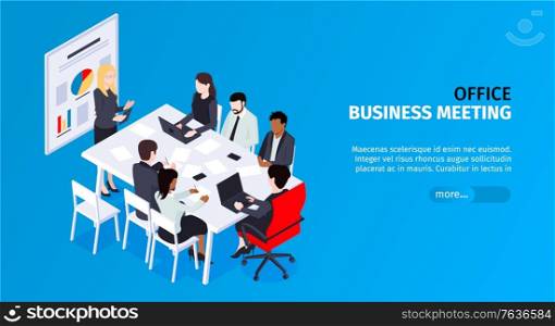 Isometric business men horizontal banner with editable text more button and group of coworkers on meeting vector illustration
