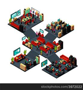Isometric business offices with staff. 3d businessmen networking in office interior. Isometric room office with people, business interior with staff worker illustration. Isometric business offices with staff. 3d businessmen networking in office interior