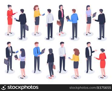 Isometric business people. Businessman team, businesswoman working collective and crowd of office worker persons. Professionals employees partnership meeting. Vector isolated illustration icons set. Isometric business people. Businessman team, businesswoman working collective and crowd of office worker persons vector illustration