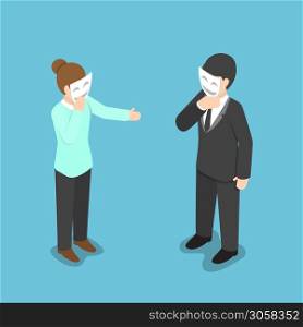 Isometric business people covering their face with smiling mask, hypocrisy, psychological health concept